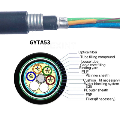 Exterior encalhado blindado de fibra ótica da manutenção programada G.652D dos núcleos do cabo 2-144 de KEXINT FTTH GYTA53